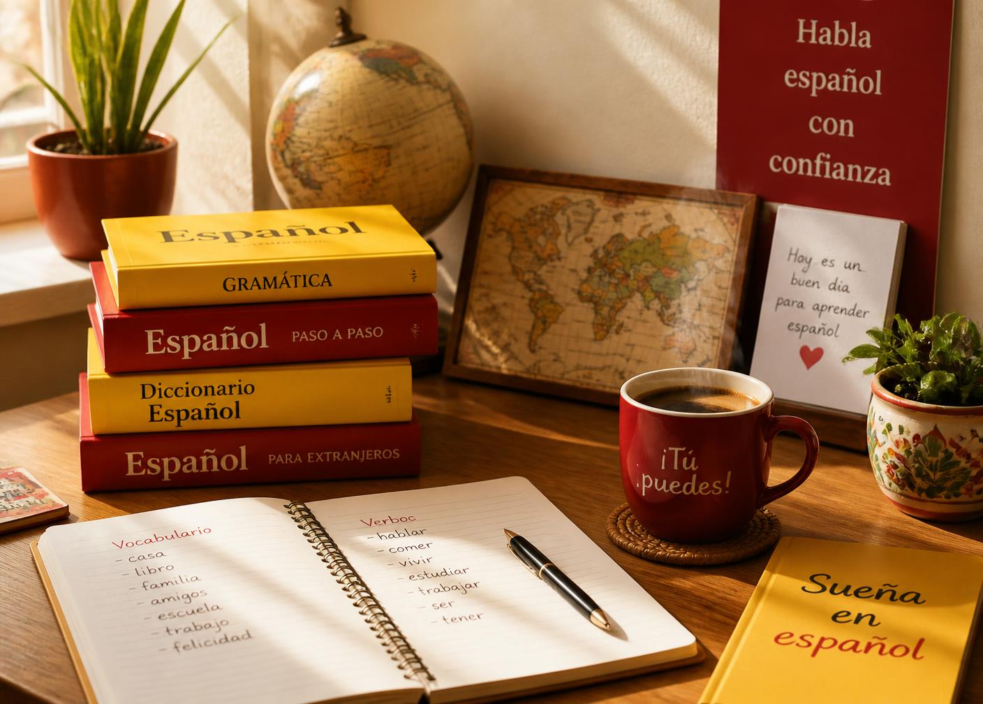 Ambiente de estudo com livros de espanhol, mapa e café