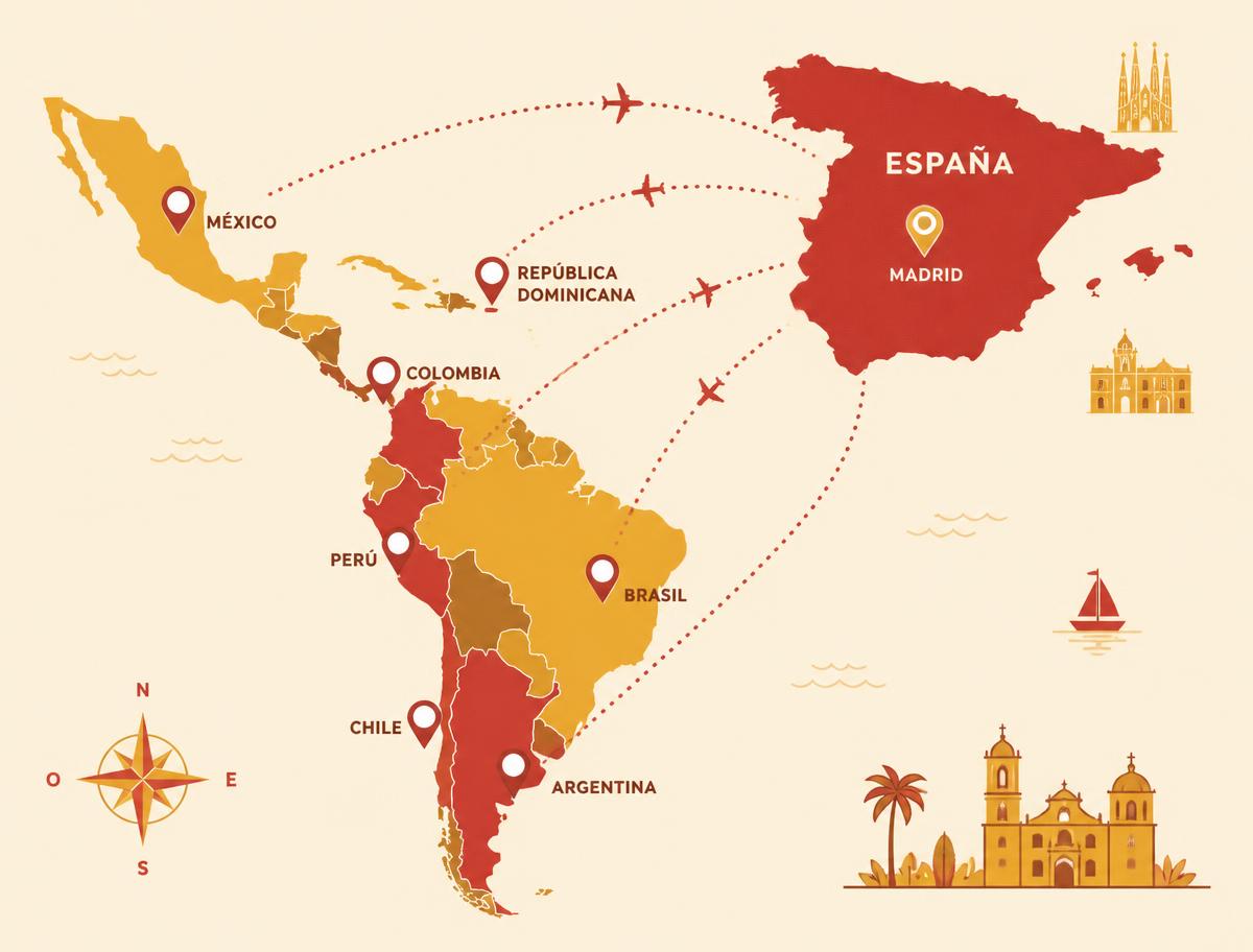Mapa ilustrado da Espanha e da América Latina com rotas pontilhadas